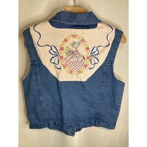 Vintage 90s Size Large Embroidered Granny Cottagecore Floral Prairie Denim Vest